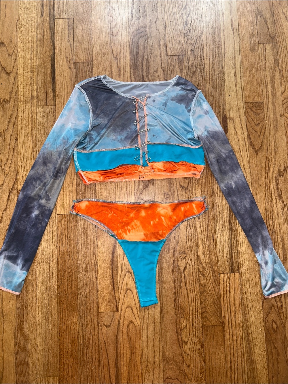 Fashion Nova Tie-Dye Long Sleeve Crop Top & Bikini Bottom Set - Blue & Orange
